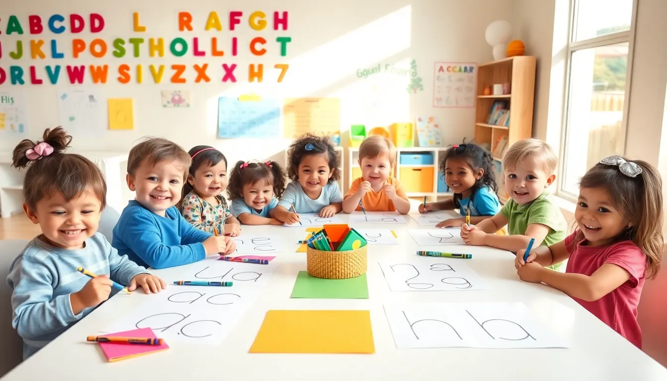 Toddlers tracing letters in a colorful, engaging classroom.