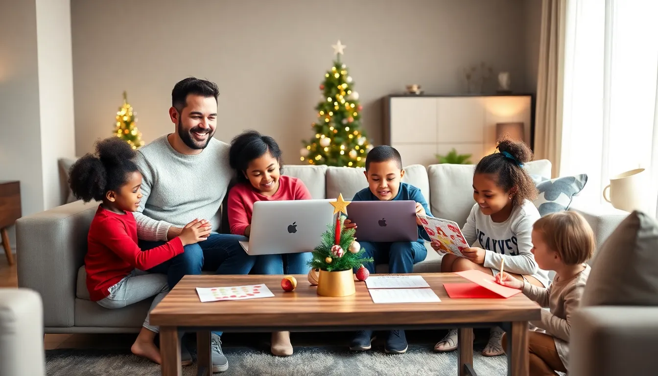 co-parents planning holiday schedule in a modern living room.