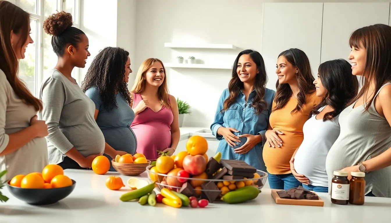 group of pregnant women sharing cravings in a bright kitchen.