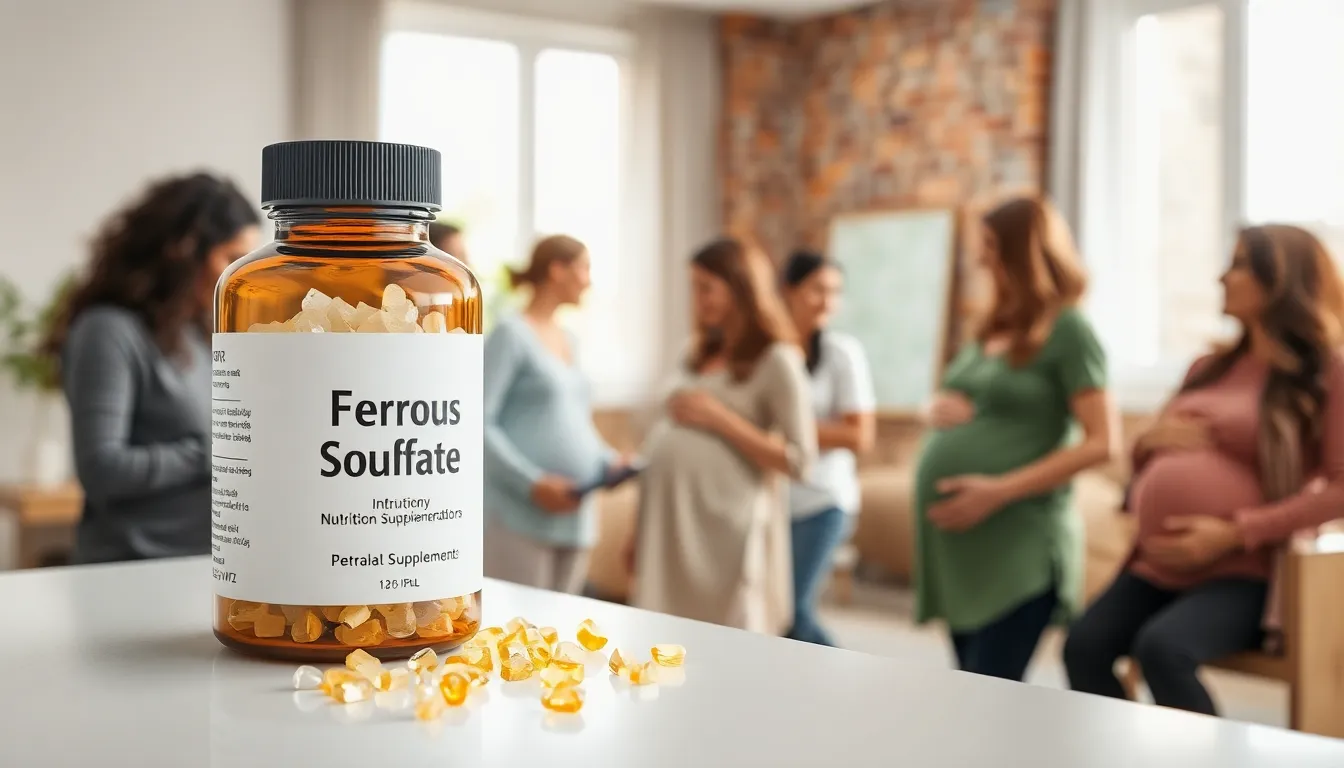 bottle of ferrous sulfate with pregnant women in a bright classroom.