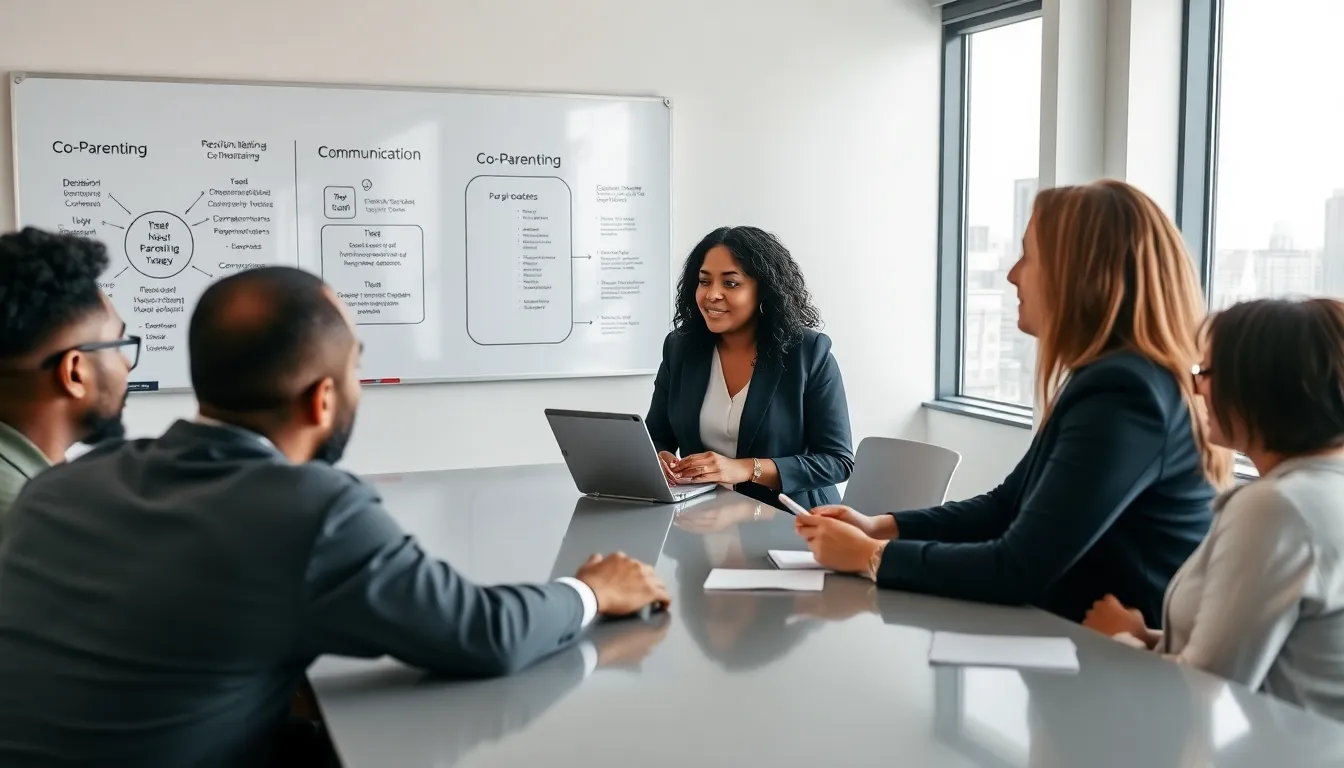 diverse professionals collaborating on co-parenting strategies in an office setting.