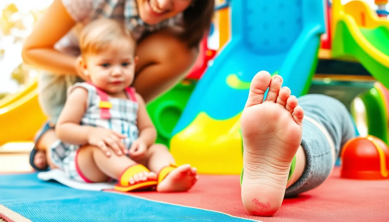 Parent checking toddler's feet in a colorful playground setting.