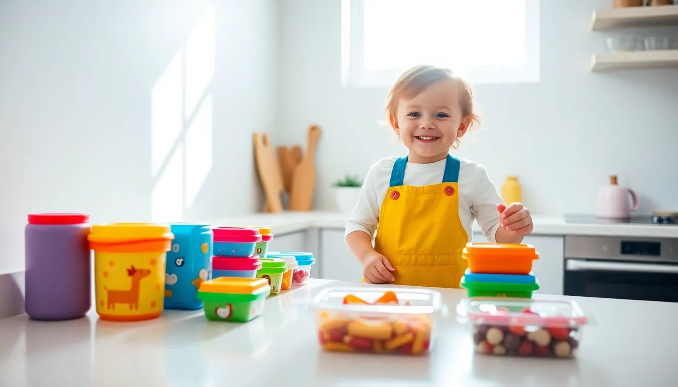 toddler choosing snacks from colorful containers in a bright kitchen.