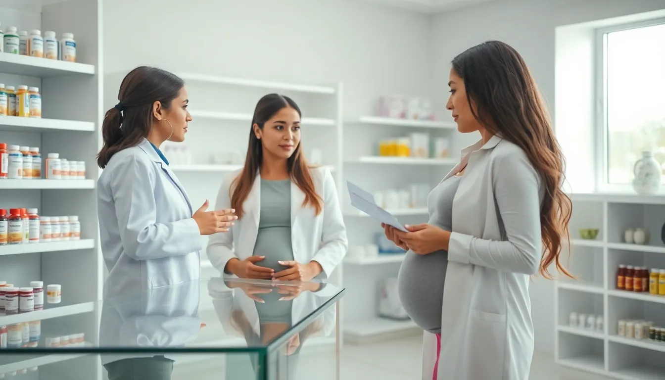 pharmacist advising a pregnant woman about famotidine in a pharmacy.