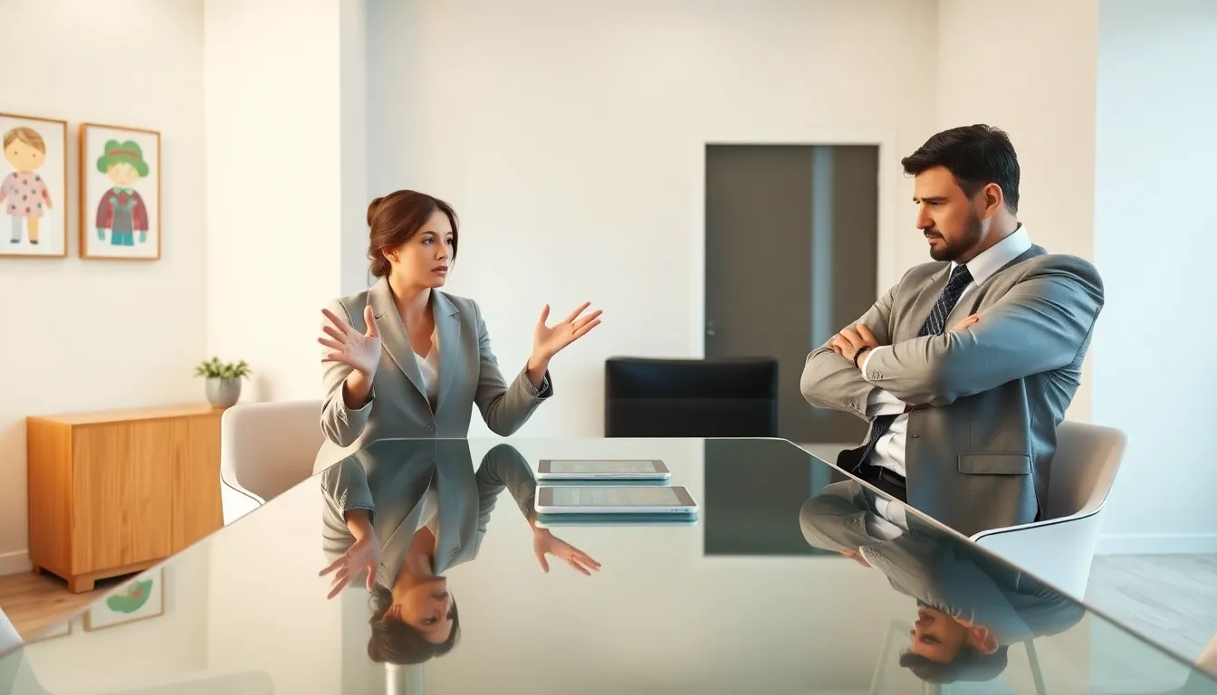 two parents discussing in a tense office setting.