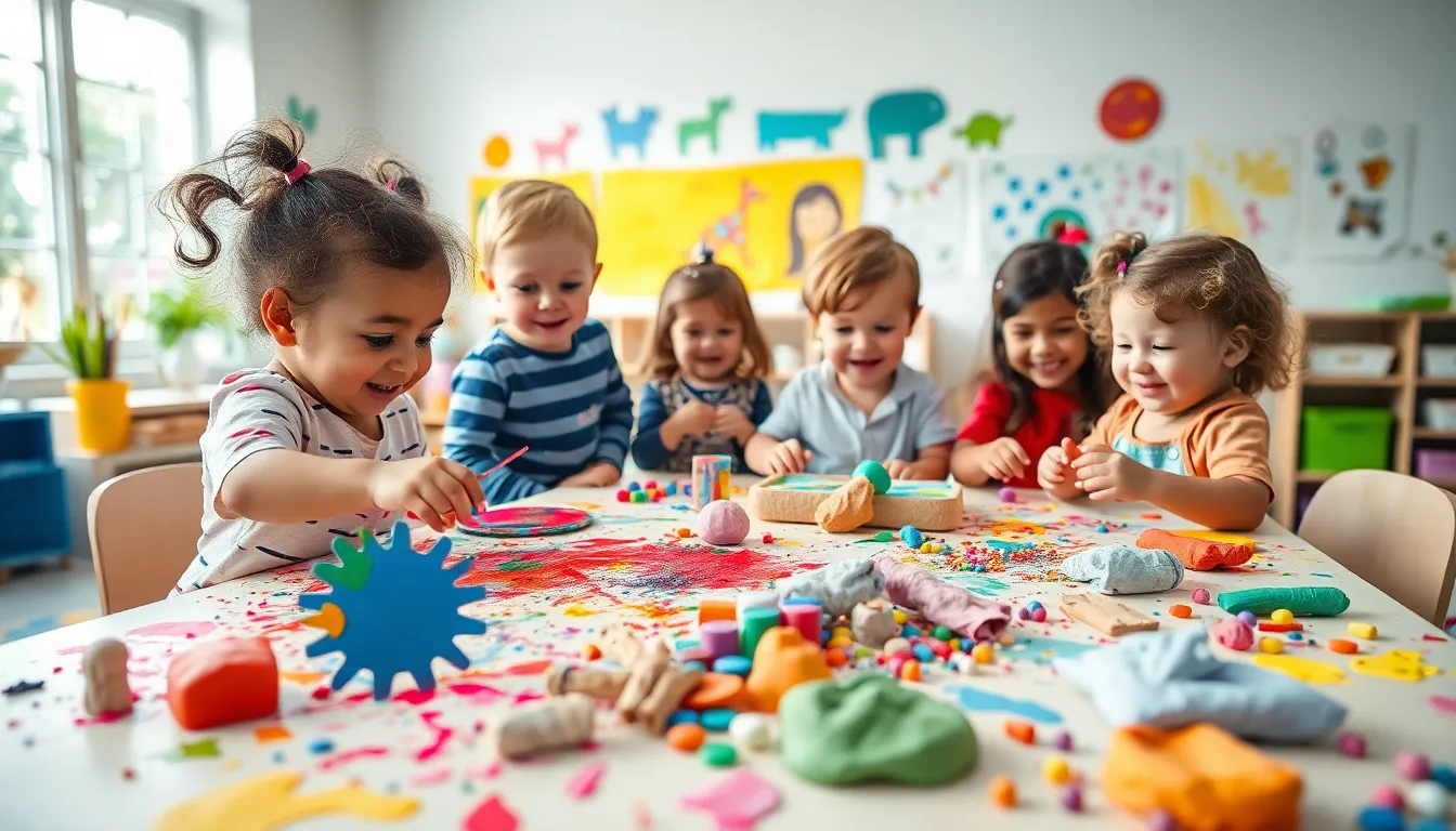 toddlers engaged in creative process art activities at a colorful table.
