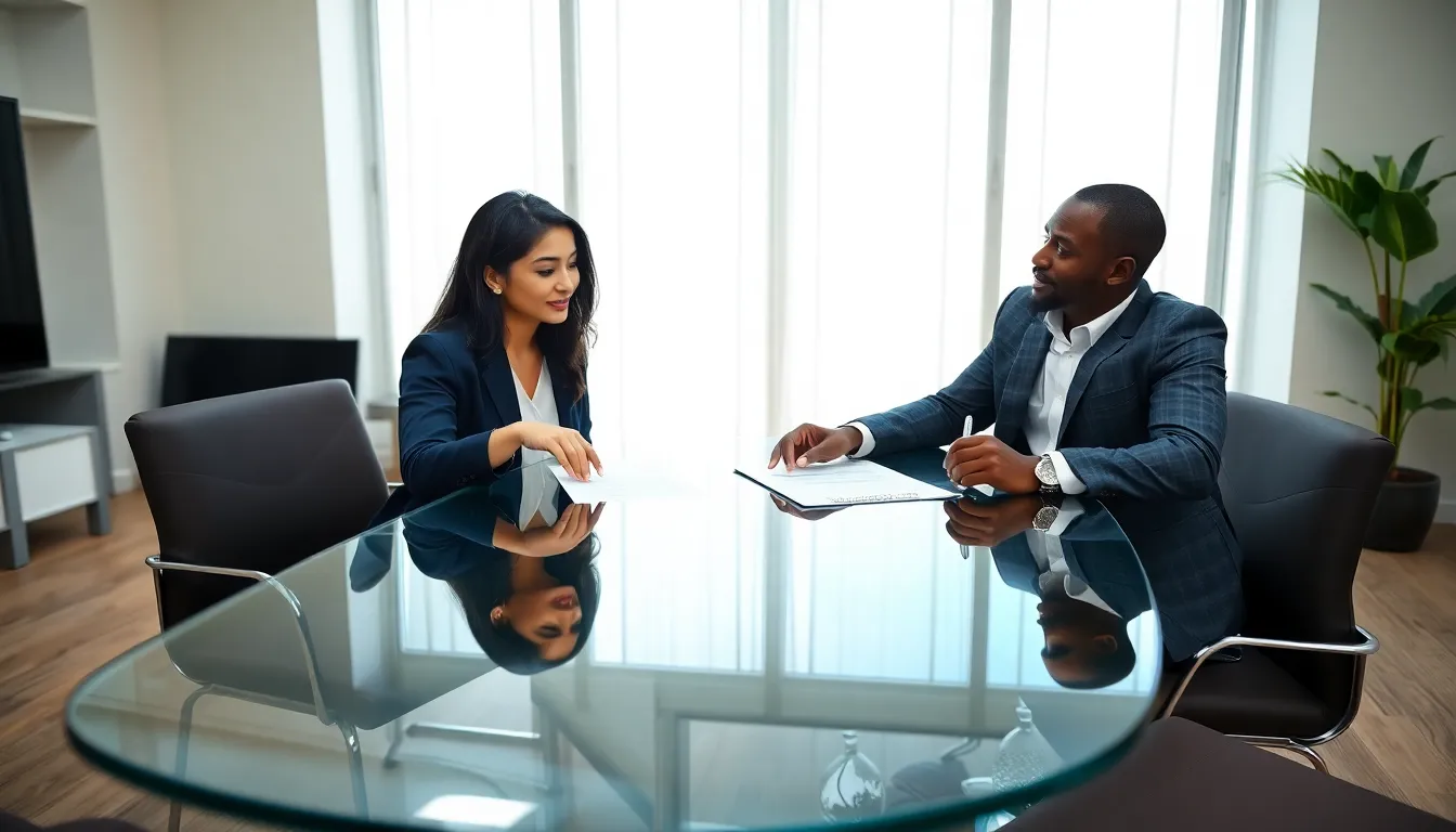 two co-parents discussing a parenting agreement in a modern office.