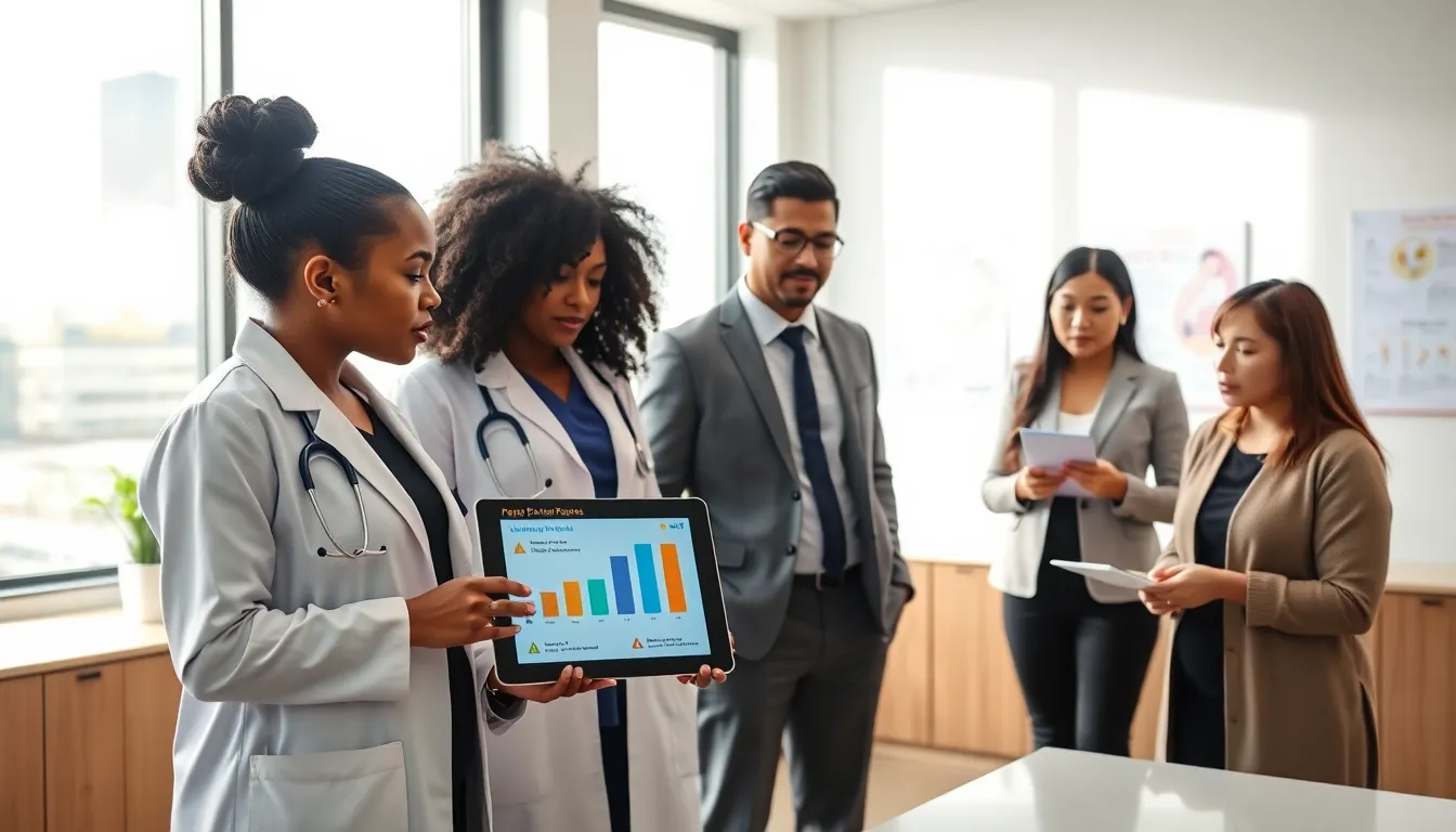 diverse team discussing vaping risks during pregnancy in a modern medical office.