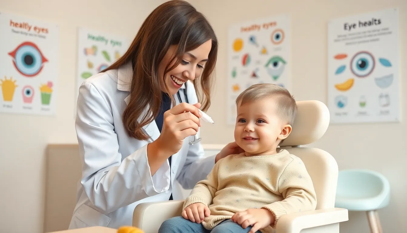 healthcare professional demonstrating eye drops to a toddler in a pediatric clinic.
